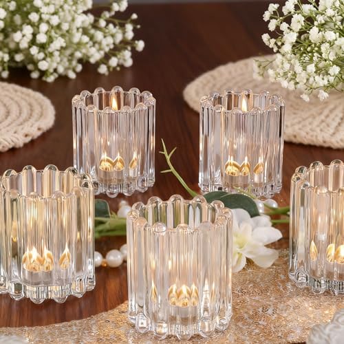 6 Pcs Clear Glass Tea Light Candle Holder Votive Candle Holders Bulk Candle Votives for Wedding Table Decor, Vintage Votive Candle Holders for Table Centerpiece, Christmas, Holiday Decor