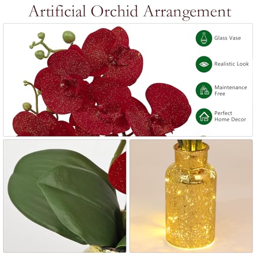 Red Orchids Artificial Flowers Faux Orchid Arrangement with Gold Glass Vase Real Touch Velvet Phalaenopsis Orchid Flowers Orchids Centerpiece for Dining Room Table - color: Red # Gold