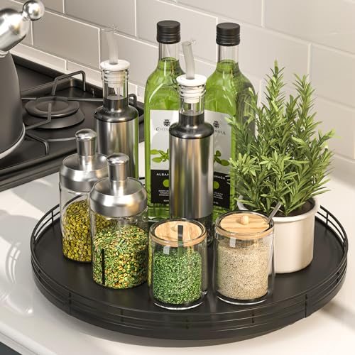 13" Oak Wood Lazy Susan Organizer, Lazy Susan for Cabinet Dining Table Pantry Wood Turntable Organizer Tray for Coffee Table Kitchen Countertop Salt Pepper Spice Organization and Storage Round Black - color: Black, size: 13