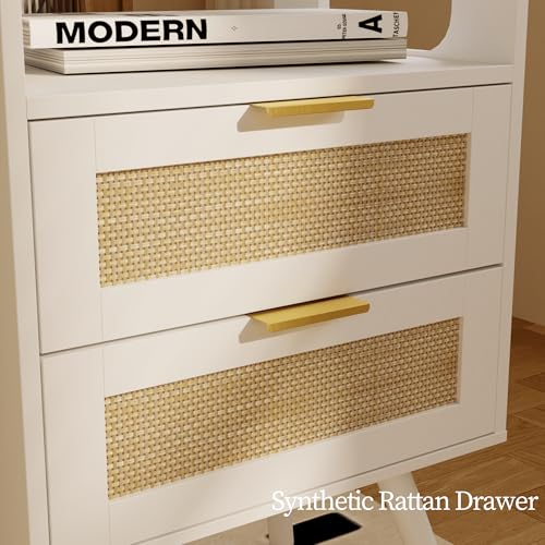 JOONEE Rattan Nightstand with Charging Station,Farmhouse Bedside Table with 2 Storage Drawer and Open Wood Shelf, for Bedroom and Small Spaces,Night Stand with Solid Wood Legs (White-Outlet) - color: White-outlet