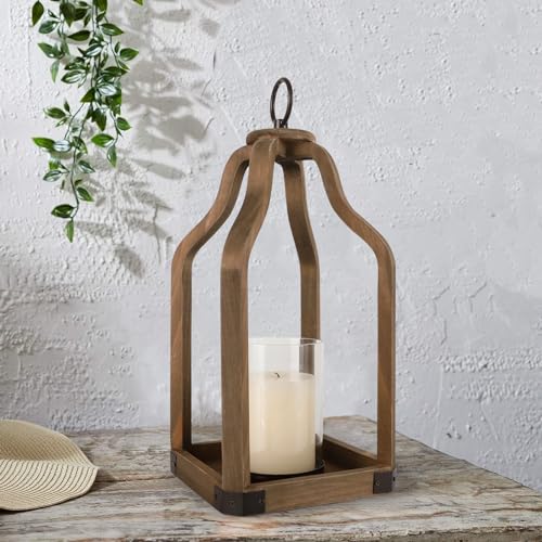 Rustic Wood Lantern Candle Holder for Farmhouse Decor - Indoor and Outdoor Table Centerpiece with Glass Hurricane, 15.7" High - size: Large
