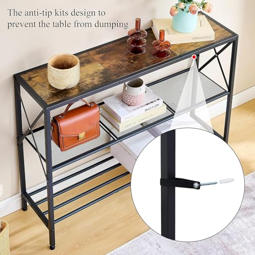 Hoctieon Industrial Console Table, 3 Tier Entryway Table, Hallway Table, Narrow Sofa Table with Shelves, Entrance Table for Entryway, Living Room, Foyer, Hallway, Office, Rustic Brown&Black - color: Rustic Brown