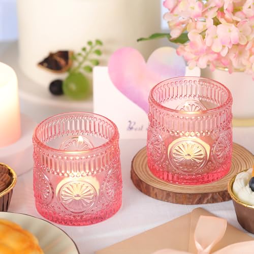 6Pcs Large Votive Candle Holders Pink Glass Tealight Candle Holders for Wedding, Table Centerpiece, Party, Birthday, Home Decor - color: Pink