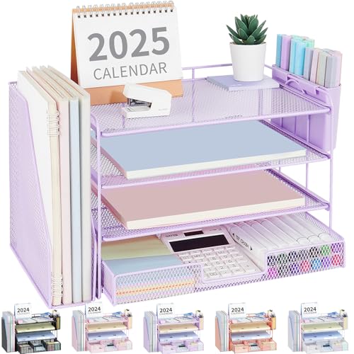OPNICE Desk Organizer, 4-Tier Desktop File Organizer with Drawer and 2 Pen Holders, Office Desk Accessories, File Sorters, Workspace Organizers for Office Supplies(Purple) - color: Purple, size: 4-Tier