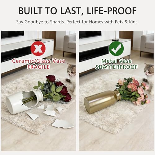 Set of 2 Champagne Gold Seamless Metal Flowers Vase Decor, 10.8" Tall Modern Matte Gold Floral Vase Pair, Shatterproof Leakproof, Elegant Home Decor Centerpiece for Table, Mantle, Shelf - color: Light Gold