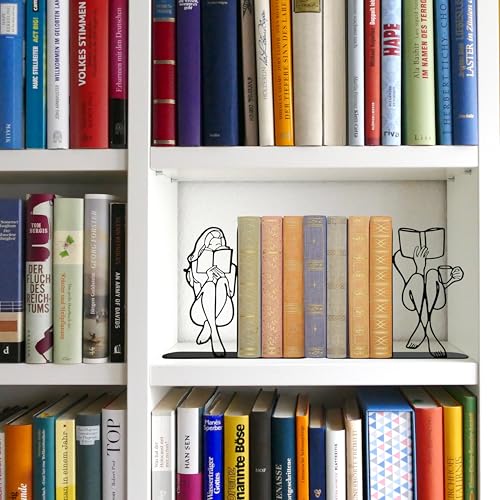 Reading Bookends Decorative for Shelves - Girl Reading Statue Bookends, Metal Black Book Ends Decor for Heavy Books, Novelty Bookish Decor for Home Library, Book Lovers Gift for Women & Students