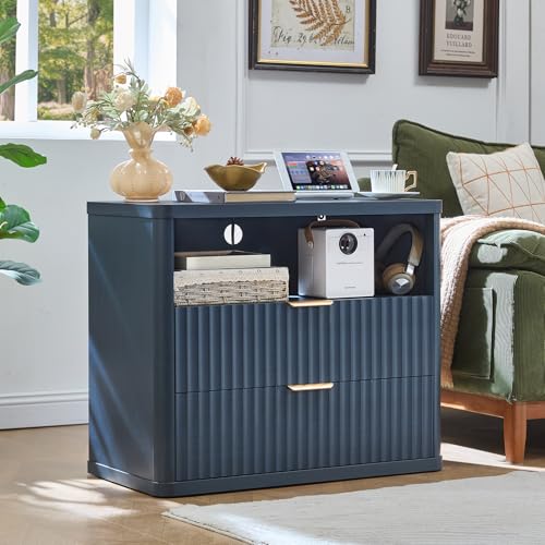 LEYAOYAO 31" Wide Fluted Nightstand with Charging Station, Oversized Extra Large 2 Drawers Night Stand,Blue Wood Bedside Table,Tall Bed Side End Tables,Modern Chest of Drawers Dressers for Bedroom - color: Blue, size: 2 Drawers