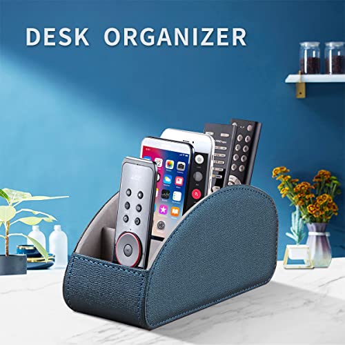 Remote Control Holder, Leather 5 Rooms Desk Organizer and Decorations for Living Room, Bedside Table Remotes Caddy for TV Controllers/ Makeup Brush Pen/ Office Stationery/ Art Supplies/ Eyeglasses - color: Blue, size: Large
