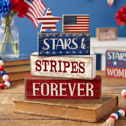 CroBlissful 5 Pcs 4th of July Decorations Patriotic Memorial Day Tabletop Decoration Forever Red White Blue Table Centerpieces Sign for Office Tiered Tray Home Shelf 250th Anniversary - style: Forever