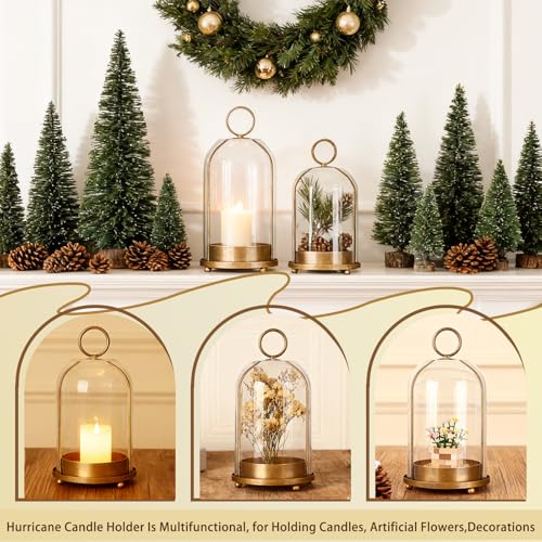 Large & Small Cloche Glass Dome Candle Holders - Glass Hurricane Candle Holder,Gold Candlestick & Lanterns Set of 2 Can Be Placed Desktop Hung,for Pillar Candles,Plants Decorative
