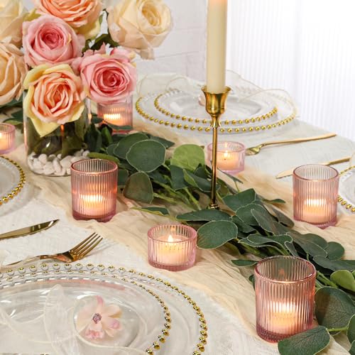 SUPMIND 24 Pcs Glass Votive Candle Holders – Assorted Ribbed Pink Tea Light Holders Bulk for Weddings, Baby Showers, Parties, Home Décor, and Table Centerpieces - color: Pink