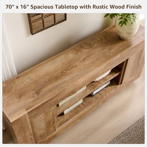 OKD Modern 70" TV Stand, Entertainment Center for TVs Up to 80", Media Console with Large Open Storage & Side Cabinets, Thick Wood Design for Living Room, Light Knotty Oak - color: Light Knotty