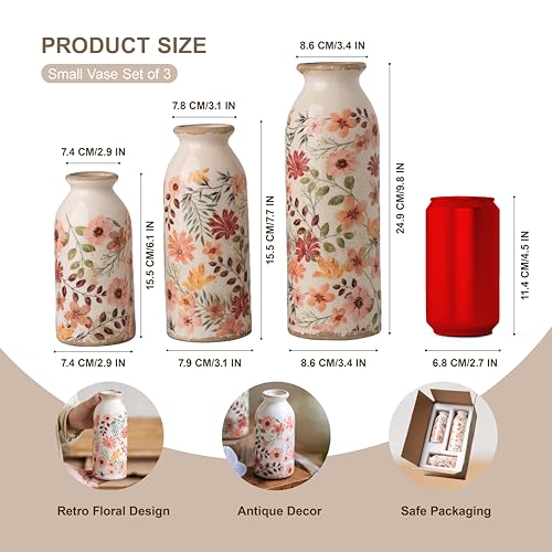 Vintage Vase Set of 3, Ceramic Vintage Flower Vases, Chinoiserie Decorative Home Decor Retro Floral Vase Rustic Farmhouse Decor for Table Bookshelf Mantel Kitchen Living Room Office - Colorful Daisy - color: Colorful Daisy, size: set of 3
