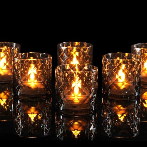 Homemory 2" x 2" Acrylic Votive Candle Holders with Auto Timer Flameless Led Tealight, Battery Powered Fake Electric Candles for Wedding Centerpiece, Table, Christmas Decor (12Pack, Gray Base) - color: Gray, size: 12 Pack