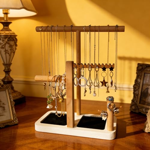 Solid Wood Jewelry Tower Organizer - 3-Tier Tree Holder Stand with 11 Earring Holes, 2 T-bar for bracelets Necklace or watches, Ring Tree & Display Tray (White) - color: White