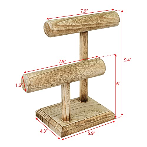 Ikee Design 2 Tier Wooden Jewelry Bracelet Watch Display Tower, Bangle Scrunchie Necklace Holder Storage Stand, Oak Color, 7.9 W x 4.3 D x 9.4 H in - color: Oak