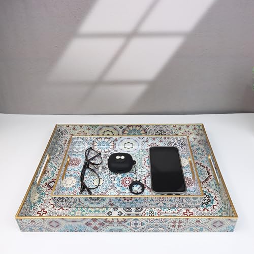 Spsyrine Decorative Serving Tray with Handles, Lacquered Coffee Table Tray for Ottoman, Rectangular Waterproof Platters for Centerpieces, Parties, Living Room, Kitchen Counter Organization SP3040RE2 - color: Sp3040re2, size: 16" x 12" x 1.6"