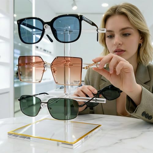 3-Tier Acrylic Sunglasses Display Stand, Gold Trimmed Eyeglasses Stands, Luxury Clear Vertical Glasses Holder for 3 Pairs Frames, Dresser Office Countertop Retail Boutique Counter Display - size: 1PC(3-TIER)