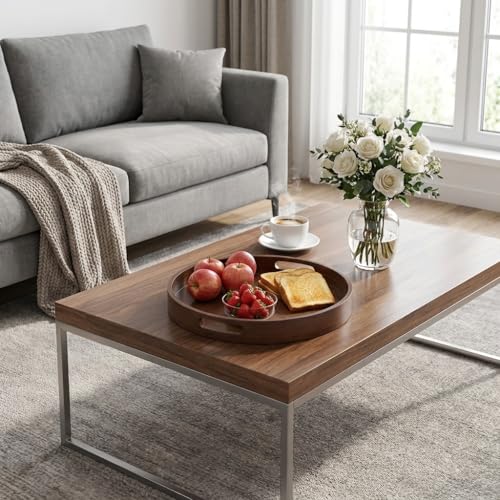 Rustic Wood Serving Tray with Handles - 11.8" Round, Decorative Tray for Kitchen Living Room Coffee Table Candle Display Breakfast in Bed, Multi-Functional Food & Beverage Wooden Tray, Farmhouse Style