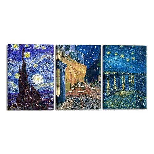 Wieco Art Large 3 Panels Canvas Prints of Vincent Van Gogh Paintings Reproduction Starry Night Over the Rhone Cafe Terrace at Night Canvas Wall Art for Living Room Home Office Decor - color: Van Gogh Paintings, size: 16 x 24 inches (Unframed)