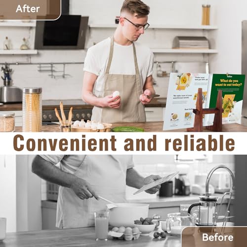 DEBETOOL Cookbook Stand for Kitchen - 8.8 inch Wooden Cookbook Holder for Kitchen Counter Decor, Multifunctional Recipe Book Stand, Rustic Brown Recipe Book Holder Stand