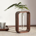 Transprent Glass Vase Test Tube Vase Hydrophilic Plants Vase Plant Holder Walnut Wooden Frame Flower Stand Table Garden Bonsai Decor,Gifts for Women, Home Office Decor Planter (Small) - size: Small