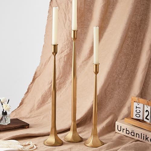 Denique Iron Taper Candle Holder Set of 3, Gold Candlestick Holders 19.3”17” 14” Heightening Decorative Candle Stand Set for Wedding, Dining Table, Home Decoration (Gold) - color: Gold, size: 14”,17”,19.3”