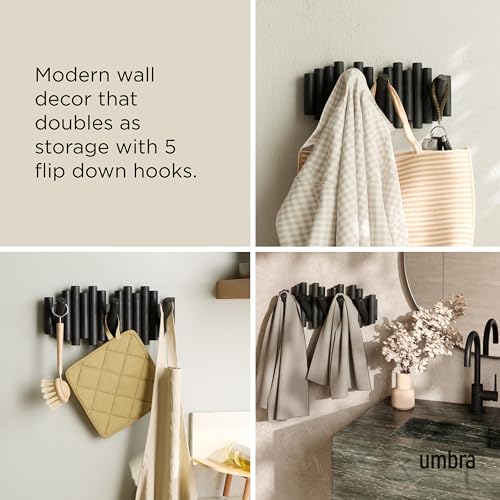 Umbra Picket Wall-Mounted Coat Rack Rail Hook with 5 Retractable Wood Pegs – Modern, Space-Saving Storage Organizer, Black - color: Black, size: 5-Hook