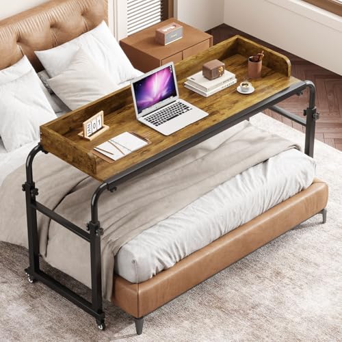 Saifu Overbed Table with Wheels, Adjustable Height & Length Laptop Desk for Bed, King & Queen Size Beds Bed Table, Rolling Standing Desk, Over Bed Table for Working Reading Eating, Red Brown - color: Red Brown