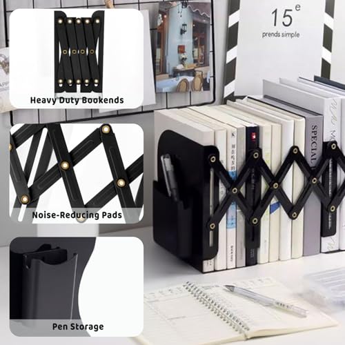 Book Ends for Shelves,Metal Bookends,Book Ends Scalable with Pen Holder(Black)