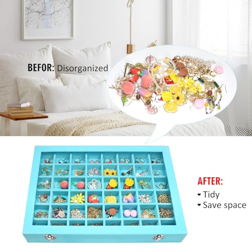 Vicoter Velvet Jewelry Tray 48 Compartments Jewelry Display Organizer with Transparent Cover Rings, Earrings, Necklaces, Pendants Storage Box for Girls, Wives, Mothers, Women - color: Light Blue, size: 48 Grid