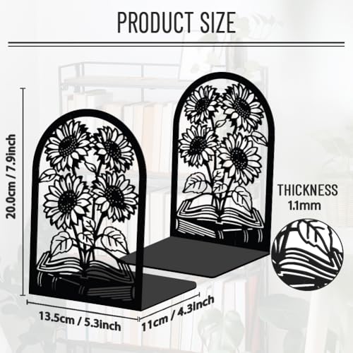 WADORN 1 Pair Sunflower Metal Decorative Bookend for Shelves, Heavy Duty Book Ends Modern Non-Skid Books Holder Stand Black Book Support Stoppers for Desk Bookshelf Office Home, 5.3x4.3x7.8 Inches - color: Sunflower