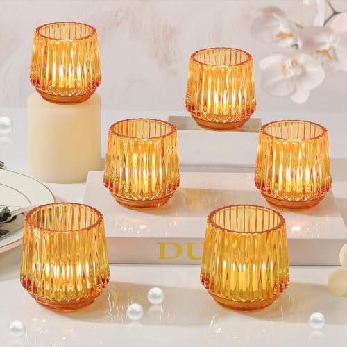 SHOHAYTO Large Amber Glass Votive Candle Holders Set of 6, Ribbed Tealight Holders for Votives, Floating Candles Table Centerpieces Wedding Home Decor - color: Amber