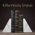 Marble Bookends Handcrafted Heavy Marble Triangular Bookshelf Decor Brass Inlay Set of 2 Decorative Bookends Book Stoppers with Non-Skid Bottom Solid Home Kitchen Office Shelves Triangle
