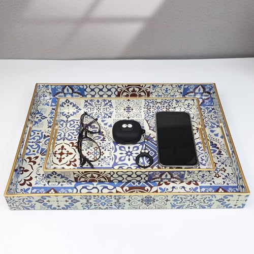 Spsyrine Decorative Serving Tray with Handles, Lacquered Coffee Table Tray for Ottoman, Rectangular Waterproof Platters for Centerpieces, Parties, Living Room, Kitchen Counter Organization SP3040RE1 - color: Sp3040re1, size: 16" x 12" x 1.6"