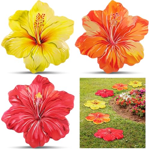 Cinnvoice 3 Pack Garden Stepping Stone Outdoor, Decorative Dimensional Resin Stepping Stones for Patio Pathway Landscaping Walkway Sculpture Yard Backyard Lawn(Hibiscus,10 Inches) - size: 10 Inches, style: Hibiscus