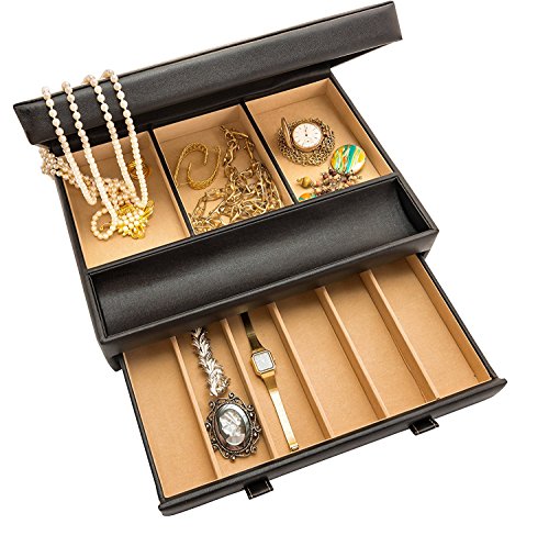 Stock Your Home Mens Valet Tray, Men's Jewelry Box, Night Stand Organizers and Storage, Bedside Table Organizer, Watch Box for Dresser, Faux Leather (Black & Beige) - color: Black & Beige