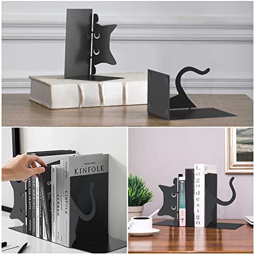 Book Ends Decorative,ENCIMART Book Ends,Metal Bookends,Book Holders for Shelves,Office Decorative Bookends,1.5mm Thickened Book Ends,Bedroom Library Office School Book Desktop Organizer Gift（Cat） - color: Cat