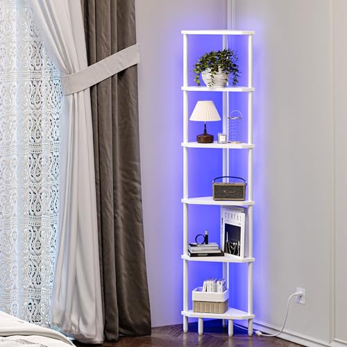 6 Tier Corner Shelf with LED Light, 66.5'' Tall Standing Shelf, Narrow Display Shelf Stand, Modern Corner Bookshelf, Plant Stand, Corner Bookcase for Living Room, Bedroom, Small Space LCS502WE - color: White With Light