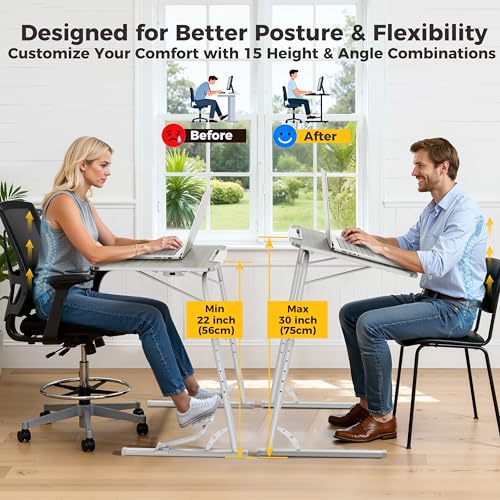 FoldWise Upgraded Folding TV Tray Table - Extra Large & Sturdy Laptop Table for Couch, Height & Angle Adjustable Desk for Dinner, Work & TV - Includes Footrest, Cup Holder, iPad Holder & Edge Stopper - color: (White) - Bright Wood