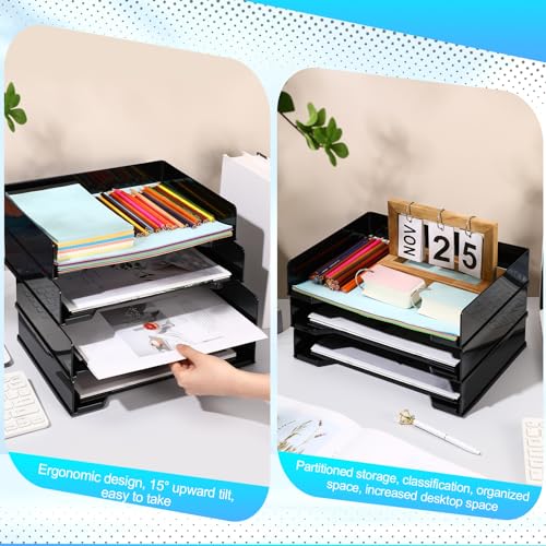 DoubleFill 4 Pcs Stackable Letter Tray Rectangular Plastic Desk Organizer 13 x 9.5 x 2.6 in Paper Holder File Tray Accessories Rack for Desktop Office Desk Drawers (Black) - color: Black