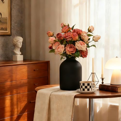 Artificial Flowers with Vase, 15 Heads Silk Roses, Flowers for Centerpieces, Matte Black Metal Vase, Modern Farmhouse Decor, Tabletop Decorations for Party, House Stuff for New Home, 8.6"