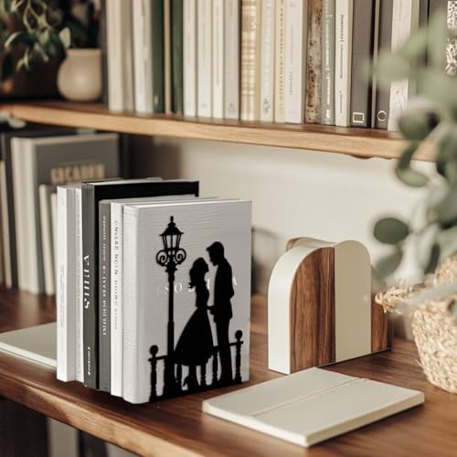Peacoblue Metal Bookends for Shelves, Modern Decorative Heavy Duty Study Book Support Stoppers for Office, Desk, Shelf, Room 5.3"x4.3"x7.9" Cast Iron Bookends, 1 Pair (Men and Women Under Streetlight) - style: Men and Women Under Streetlight