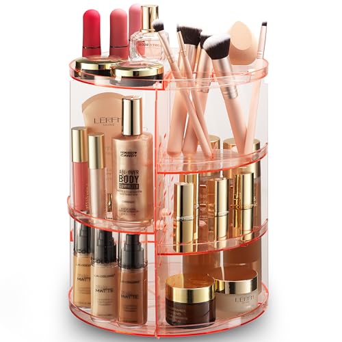 Masirs Rotating Makeup Organizer for Vanity, Large 360° Spinning Cosmetic & Skincare Organizer, Adjustable Shelf Height, Perfume Stand, Countertop Storage for Bathroom or Bedroom, Pink - color: Pink