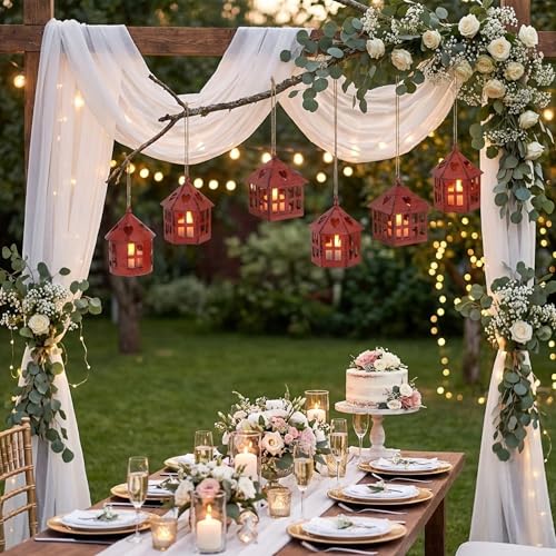 TRIROCKS 6 Pcs Mini Table Centerpieces Candle Lanterns 4" H Decorative Hanging Tealight Holders House Bulk for Wedding Farmhouse Christmas Dinner Party Indoor Outdoor Gifts(Wine Red Brushed Black)