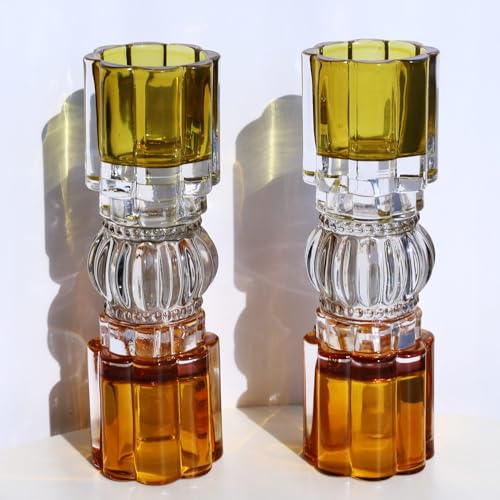 VOHO Amber Votive Candle Holders for Fall Decor, Set of 2 Vintage Tealight Candle Holder for Coffee Table Mantle, Tall Votive Holder Jazzy Glass Mix for Centerpiece(7.87x2.75 in W/H, Shades of Amber) - color: Shades of Amber