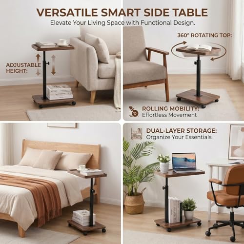 C Table End Table Adjustable Height,C Shaped End for Couch，Snack Tables,360°Swivel TV Tray Sofa Table,Tables that Slide Under,Coffee SideTable for Bed,Chair,Bath-tub,Outdoor(Walnut Color) - color: Walnut Color