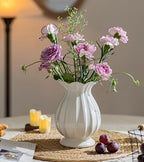 White Ceramic Vase,7.8" Ribbed Farmhouse Flower Vase with Scalloped Rim, Decorative Vase for Living Room, Kitchen Table Centerpiece, Ideal for Fresh/Artificial Flowers and Housewarming Gift