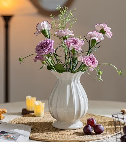 White Ceramic Vase,7.8" Ribbed Farmhouse Flower Vase with Scalloped Rim, Decorative Vase for Living Room, Kitchen Table Centerpiece, Ideal for Fresh/Artificial Flowers and Housewarming Gift