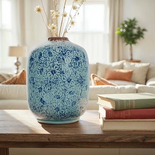 Creative Co-Op Decorative Round Terra-Cotta Vase with Floral Pattern with Distressed Finish, Blue